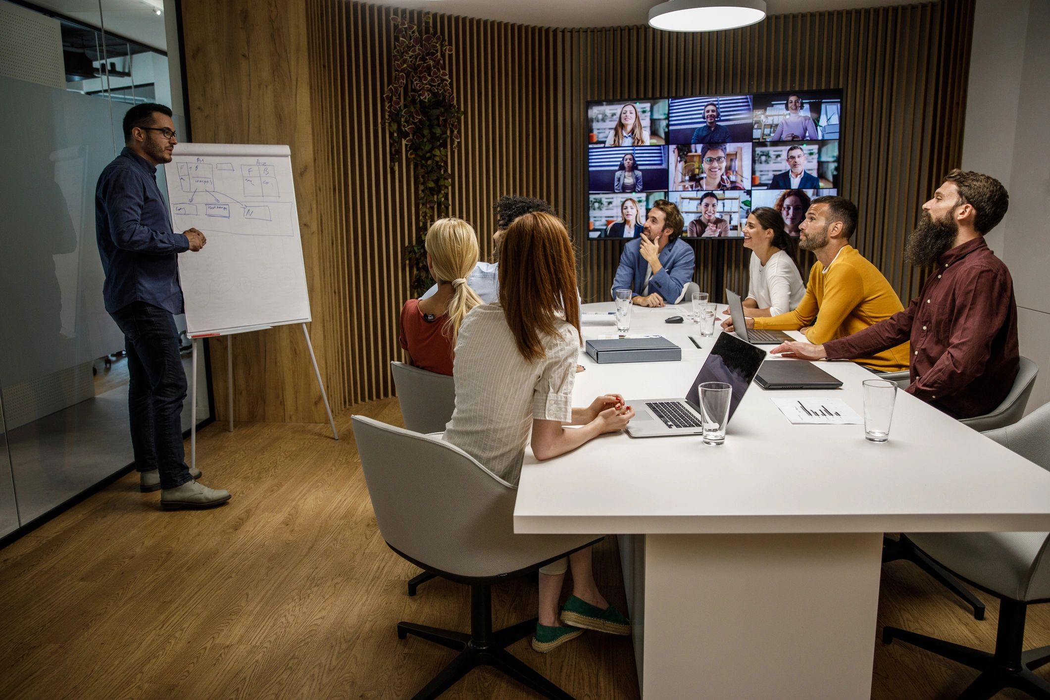 Team meeting with hybrid video conference in a boardroom